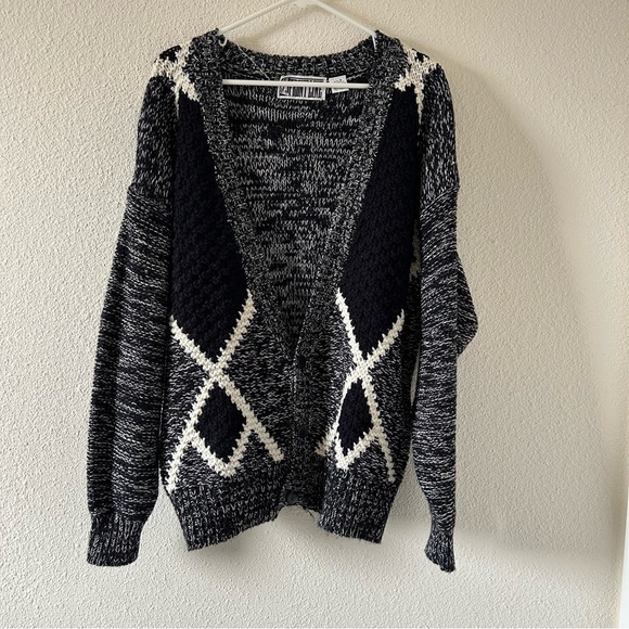 VTG Front Line Men’s Knit Cardigan Medium Black White Argyle Preppy Grandpa - Picture 1 of 11